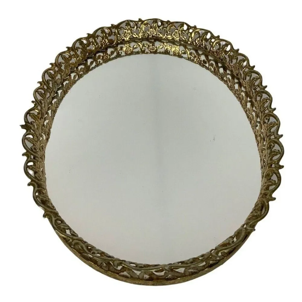 Vintage Oval Vanity Tray Gold Gilt Metal Filigree Mirror Hollywood Regency 1950s